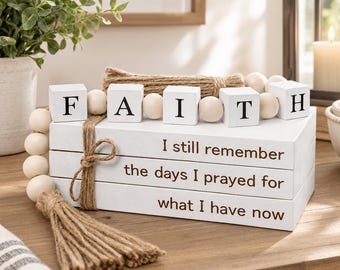 White Wooden Book Stack, Faith-Inspired Farmhouse Decor, Rustic Shelf Accent