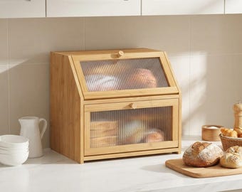Large Bamboo Bread Box, Double Layer Storage, Natural Kitchen Organizer