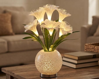 Lampe décorative de table en forme de vase à fleurs LED, veilleuse lys à effet craquelé