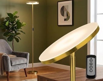 Modern Gold LED Floor Lamp with Remote - Tall Torchiere Standing Light - Dimmable Luxury Decor for Living Room & Office