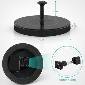 Op de afbeelding: Een zwarte fontein op zonne-energie met een cirkelvormig ontwerp. De fontein heeft een diameter van 16 cm en is 4,3 cm hoog. De basis is 1,5 cm dik. De afbeelding toont ook een waterpomp en de onderdelen.