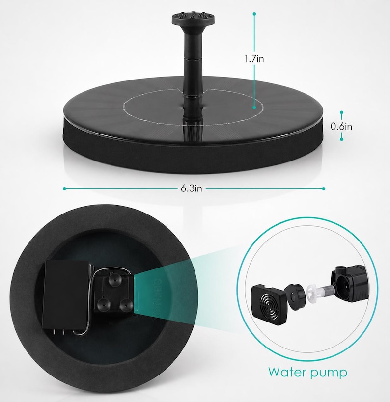 Op de afbeelding: Een zwarte fontein op zonne-energie met een cirkelvormig ontwerp. De fontein heeft een diameter van 16 cm en is 4,3 cm hoog. De basis is 1,5 cm dik. De afbeelding toont ook een waterpomp en de onderdelen.