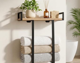 Wall-Mounted Towel Rack with Wood Shelf, Rustic Contemporary Bathroom Organizer (15.7"W x 18.5"H)