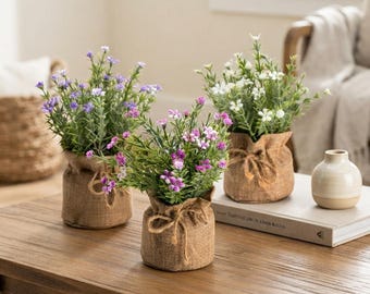 Set of 3 Artificial Baby's Breath Flowers, Pink Purple White, Burlap Vase (Farmhouse Centerpiece)