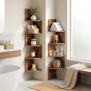 Corner Wall Shelf Set of 2, Rustic Floating Corner Bookshelves, Wall Storage Shelves for Bathroom Bedroom Living Room Home Office
