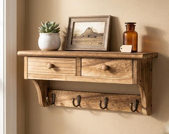 Porte-manteau rustique en bois avec étagère, tiroirs et crochets (organisateur mural style ferme)