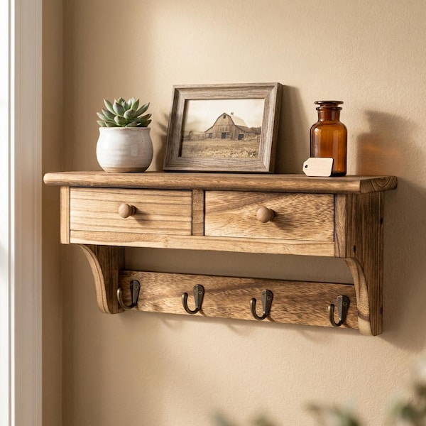 May include: A wall-mounted wooden shelf featuring two drawers with round knobs and four metal hooks underneath. The shelf holds a small potted succulent in a white ceramic container, a framed picture of a barn, and a brown glass bottle.