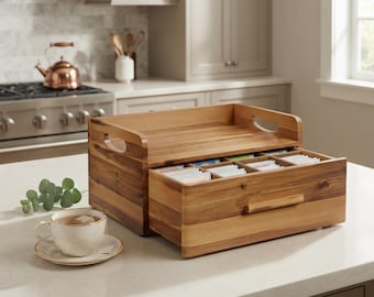 Acacia Wood Tea Box Organizer, 8-Compartment Tea Bag Holder with Drawer