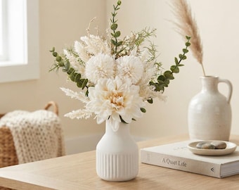 White Artificial Dahlia & Eucalyptus Arrangement with Ceramic Vase, Neutral Table Decor
