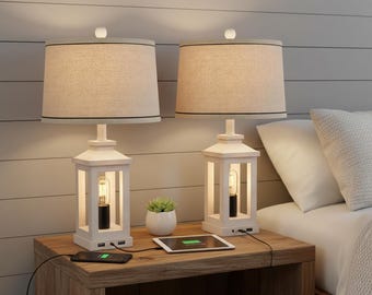 Lot de 2 lampes de table Farmhouse, intensité tactile 3 voies, ports USB C, culot blanc