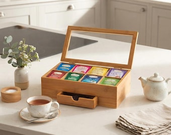 Bamboo Tea Bag Organizer, 8 Compartments, Clear Lid, Pull-Out Drawer