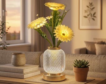 Lampe de table en verre à motif floral, veilleuse marguerite jaune, pied en forme de vase texturé, décoration de bureau cosy