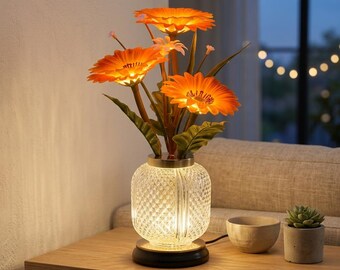 Lampe de table en forme de marguerite orange, veilleuse en vase de verre texturé, décoration florale pour chambre
