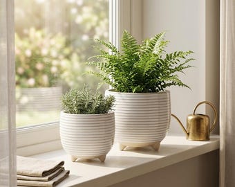 Ensemble de 2 pots de fleurs en céramique, émail blanc côtelé, pots d'intérieur sur pied (13 cm + 16 cm)