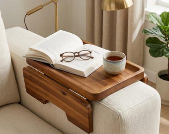 Acacia Wood Sofa Arm Tray Table, Foldable Serving Tray, Double Hinge Design