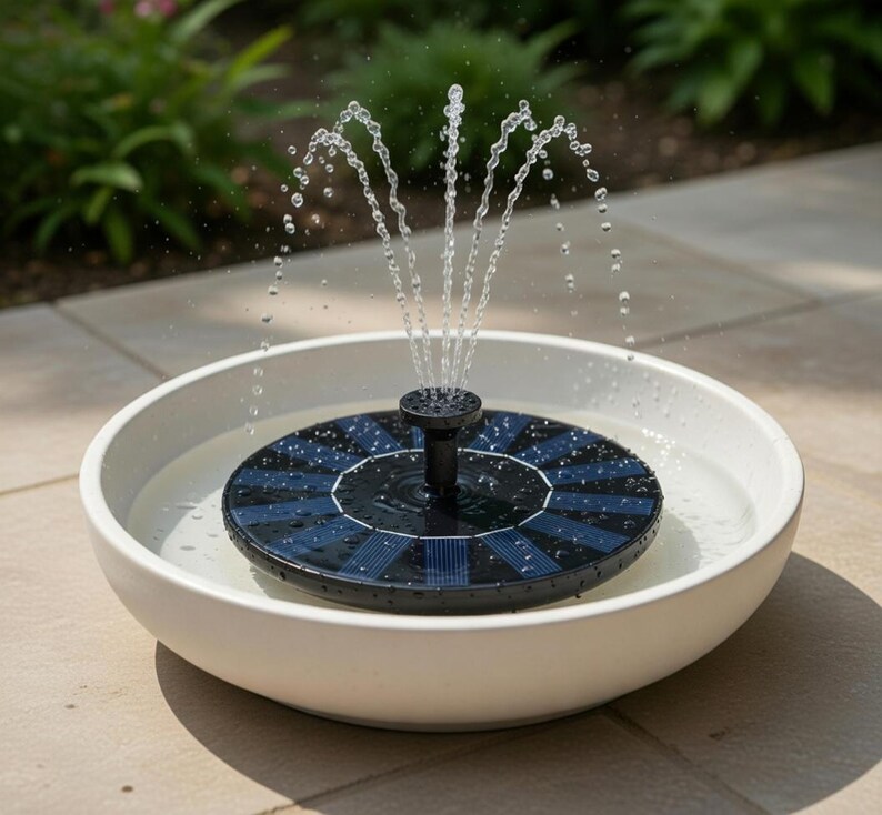 Op de afbeelding: Een op zonne-energie werkende fontein in een witte keramische kom. De fontein heeft een zwart, cirkelvormig zonnepaneel met blauwe accenten en een centrale sproeier die water omhoog spuit. De kom is gevuld met water, met groen op de achtergrond.