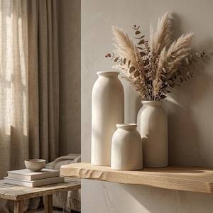 May include: Three off-white ceramic vases of varying heights, arranged on a wooden shelf. The tallest vase is slender and cylindrical, while the others are shorter and more rounded. Dried ornamental grasses and foliage are in the tallest vase.