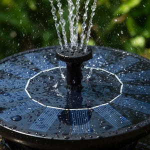 Op de afbeelding: Een zwarte fontein op zonne-energie met water dat omhoog spuit. De fontein heeft een cirkelvormig ontwerp met een donkerblauw zonnepaneel en een zwart mondstuk. Waterdruppels zijn zichtbaar en de achtergrond is vaag groen.
