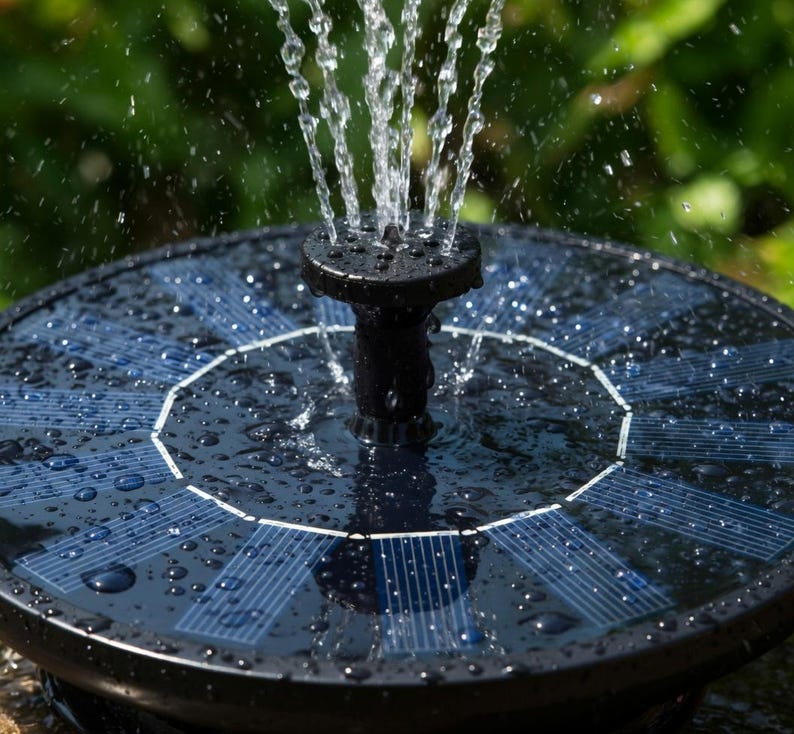Op de afbeelding: Een zwarte fontein op zonne-energie met water dat omhoog spuit. De fontein heeft een cirkelvormig ontwerp met een donkerblauw zonnepaneel en een zwart mondstuk. Waterdruppels zijn zichtbaar en de achtergrond is vaag groen.