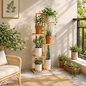 Bamboo Plant Stand, 5 Tier Indoor Plant Shelf, Corner Flower Pot Holder, Wooden Plant Rack for Balcony Patio & Home Decor