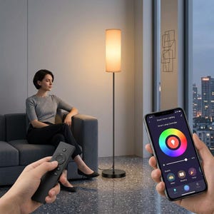 May include: A modern floor lamp with a cylindrical shade and a black metal stand. A person is using a remote control, while another person uses a smartphone to control the lamp's color and brightness. The smartphone displays "Smart Home Lighting".