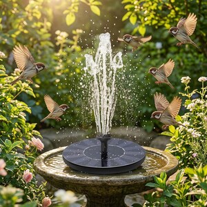Op de afbeelding: Een fontein op zonne-energie in een stenen vogelbad spuit water omhoog. Verschillende kleine bruine vogels met open vleugels vliegen rond de fontein. De fontein is omgeven door groene bladeren en roze bloemen.