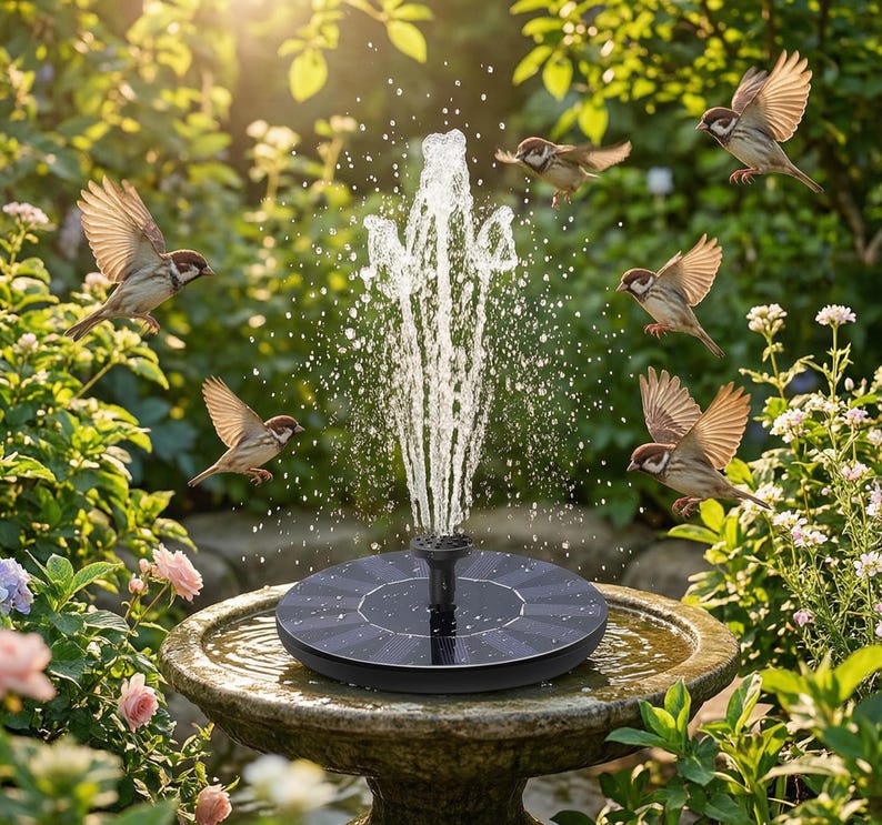 Op de afbeelding: Een fontein op zonne-energie in een stenen vogelbad spuit water omhoog. Verschillende kleine bruine vogels met open vleugels vliegen rond de fontein. De fontein is omgeven door groene bladeren en roze bloemen.