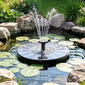 Op de afbeelding: Een fontein op zonne-energie in een vijver met waterlelies en rotsen. De fontein heeft een zwarte basis met een cirkelvormig zonnepaneel en een centrale sproeier die water omhoog spuit. De vijver is omgeven door rotsen en groen.