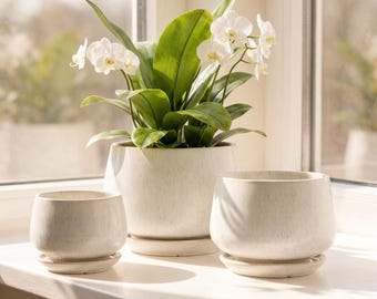 Set of 3 Modern Ceramic Planters, Beige Reactive Glaze, Drainage Holes, Saucers Included