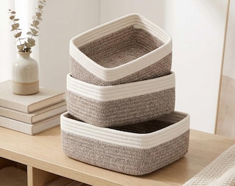 Ensemble de 3 paniers de rangement en corde de coton tressée, blanc cassé et marron (29 x 19 x 12 cm)