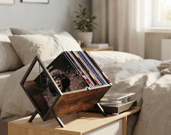 Rustic Brown Vinyl Record Holder, 1-Tier LP Storage Rack, Retro Industrial Organizer
