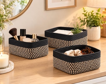 Set of 3 Woven Cotton Storage Baskets, Black Brown Rope (11.5"L x 7.5"W x 4.7"H)