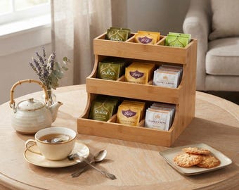 Bamboo Tea Bag Organizer, 9-Compartment Storage Holder (180 Capacity)
