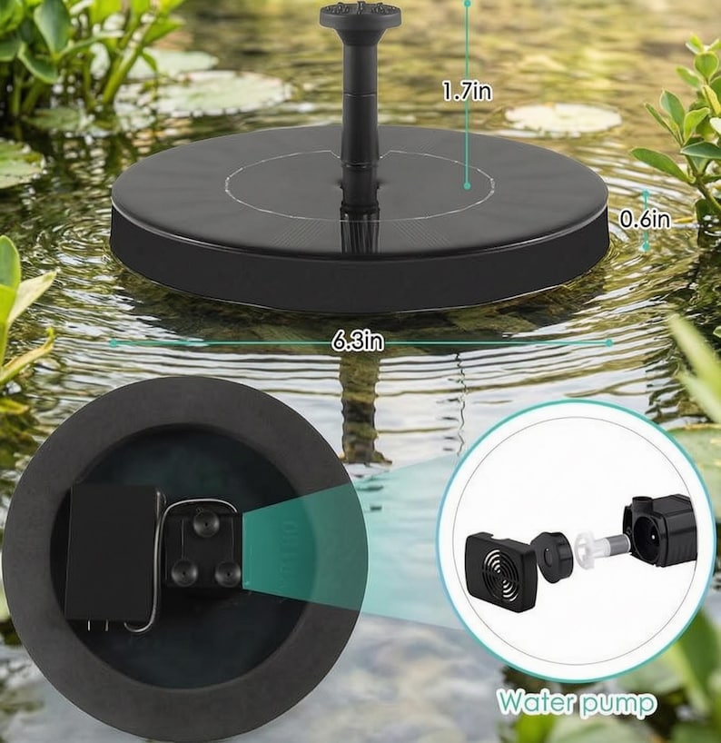 Op de afbeelding: Een zwarte waterfontein op zonne-energie met een cirkelvormige basis van 16 cm diameter en een centrale sproeier van 4,3 cm hoog. De fontein wordt getoond in een vijveromgeving, met een gedetailleerd beeld van de waterpomp. De tekst "Water pump" is zichtbaar.
