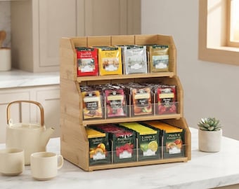 3-Tier Bamboo Tea Bag Organizer, Stackable Wooden Storage Holder for Kitchen Counter