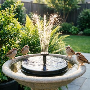 Op de afbeelding: Een stenen vogelbad met een fontein op zonne-energie. Vier kleine bruine vogels zitten op de rand. Groene bladeren en gras op de achtergrond. Een decoratief element voor de tuin.