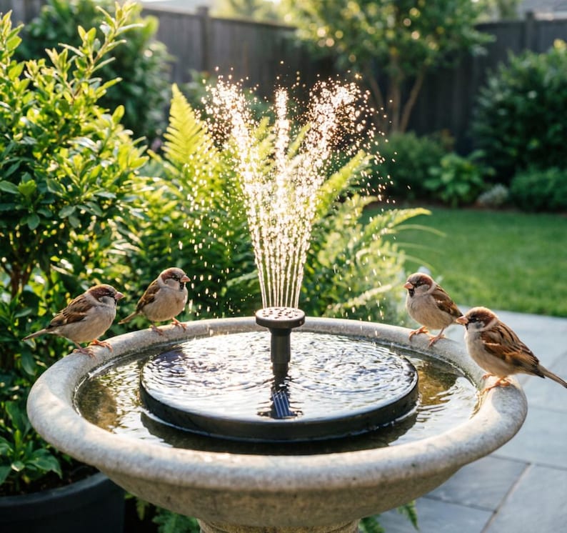 Op de afbeelding: Een stenen vogelbad met een fontein op zonne-energie. Vier kleine bruine vogels zitten op de rand. Groene bladeren en gras op de achtergrond. Een decoratief element voor de tuin.