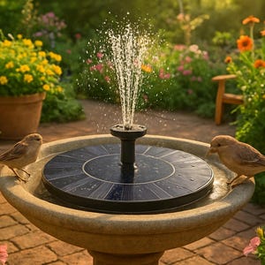 Op de afbeelding: Een zonne-energie fontein in een tuin. De fontein heeft een zwart zonnepaneel en een waterspuit. Twee kleine bruine vogels zitten op de rand van de fontein. De achtergrond toont bloemen en groen.