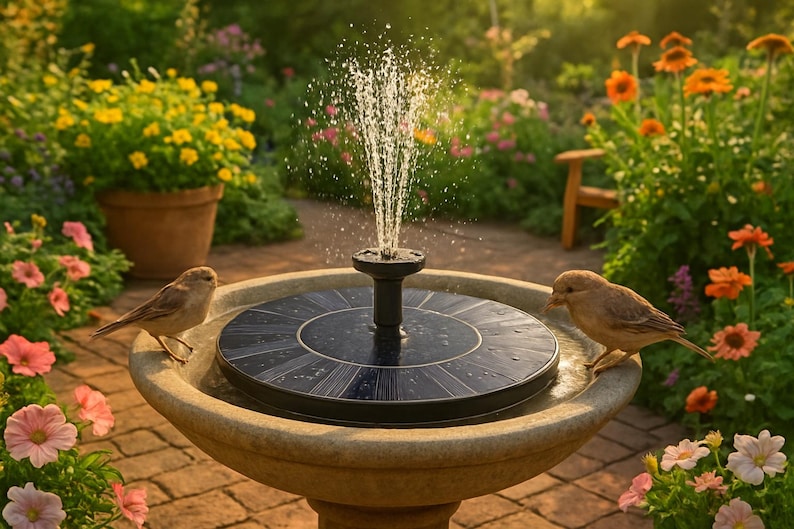 Op de afbeelding: Een zonne-energie fontein in een tuin. De fontein heeft een zwart zonnepaneel en een waterspuit. Twee kleine bruine vogels zitten op de rand van de fontein. De achtergrond toont bloemen en groen.