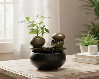 Black Ceramic Zen Tabletop Fountain: Indoor Relaxation Decor, Office Desk Accent