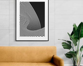 Tableau abstrait en noir et blanc, affiche vague à illusion d'optique, décoration géométrique moderne