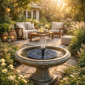 Op de afbeelding: Een fontein op zonne-energie in een stenen bak, die water omhoog spuit. De fontein staat in een tuin met tuinmeubelen, planten en een huis op de achtergrond. De sc&egrave;ne baadt in zonlicht.