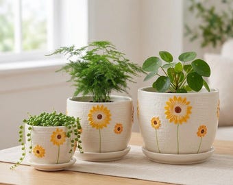 Set of 3 Ceramic Sunflower Planters, White Glazed Indoor Pots with Saucers