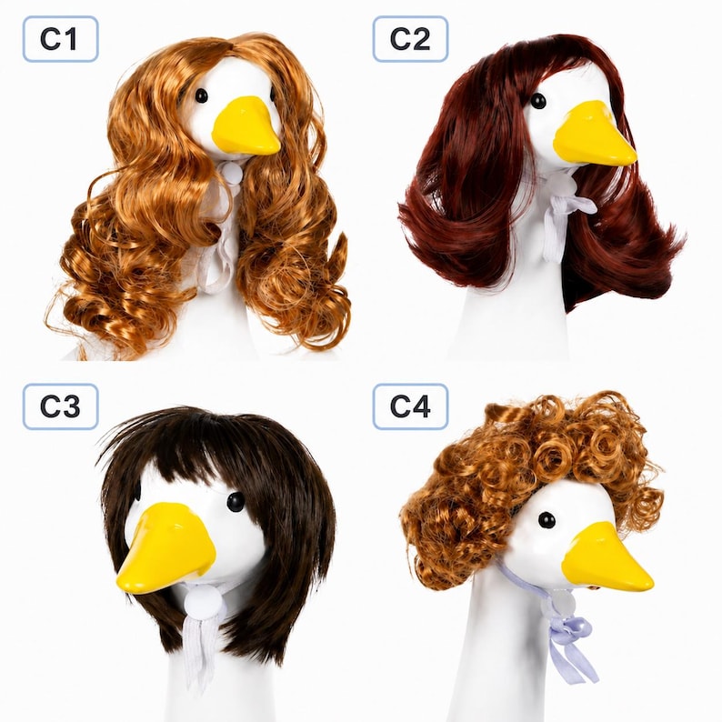 May include: Four white goose figurines wearing different synthetic hair wigs. C1 features long wavy ginger hair, C2 has shoulder-length dark auburn hair, C3 displays a dark brown bob with bangs, and C4 shows short, tight, curly light brown hair.