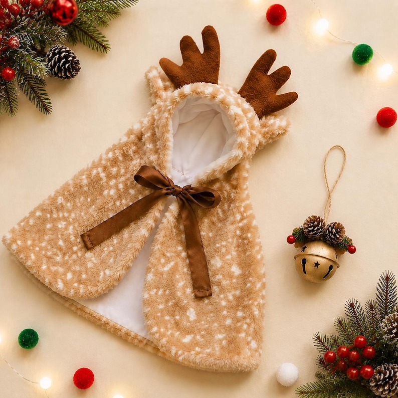 May include: A tan and white spotted faux fur hooded cape featuring brown plush reindeer antlers on the hood and a brown satin ribbon tie closure at the neck. The interior is lined with white fabric, and the exterior has a soft, textured finish.