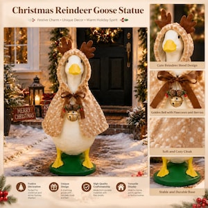 May include: A white goose statue wearing a tan, spotted, hooded cloak with brown reindeer antlers. The cloak features a brown ribbon bow, a golden bell, pinecones, and red berries. The goose stands on a green base, designed for holiday decor.
