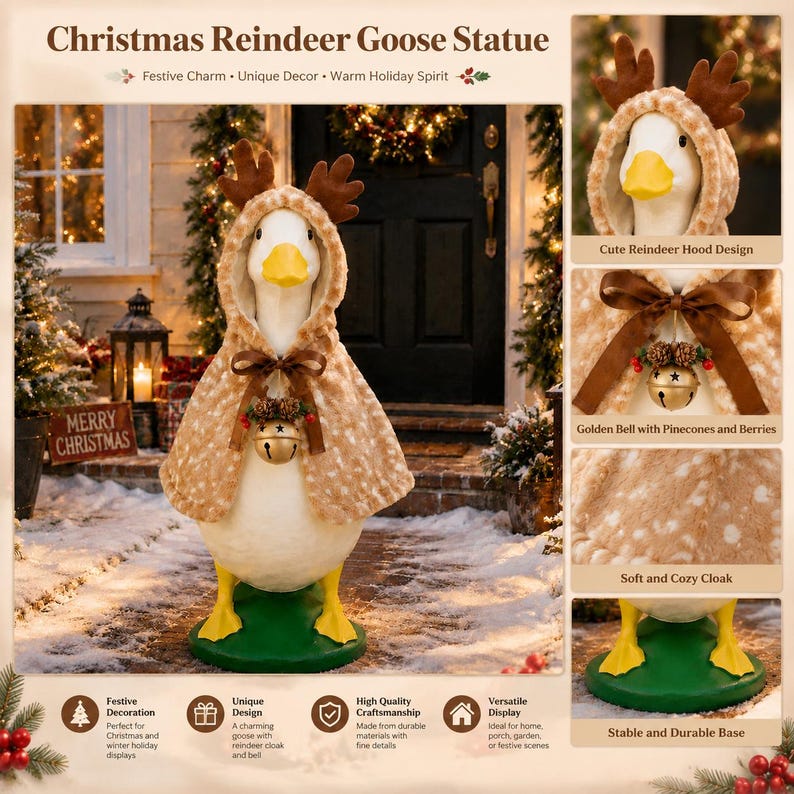 May include: A white goose statue wearing a tan, spotted, hooded cloak with brown reindeer antlers. The cloak features a brown ribbon bow, a golden bell, pinecones, and red berries. The goose stands on a green base, designed for holiday decor.