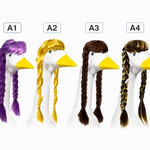May include: Four white goose figurines labeled A1, A2, A3, and A4, each wearing a different colored wig with bangs and two long braids. The wigs are purple, yellow, brown, and a brown-and-yellow mix, secured with white chin straps.