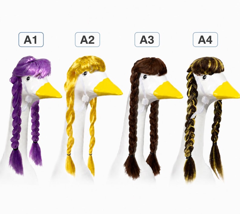 May include: Four white goose figurines labeled A1, A2, A3, and A4, each wearing a different colored wig with bangs and two long braids. The wigs are purple, yellow, brown, and a brown-and-yellow mix, secured with white chin straps.