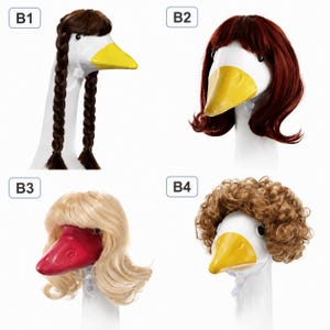 May include: Four white goose head models labeled B1, B2, B3, and B4. B1 has brown braided hair and a yellow beak. B2 has shoulder-length auburn hair and a yellow beak. B3 has blonde hair and a red beak. B4 has short curly brown hair and a yellow beak.